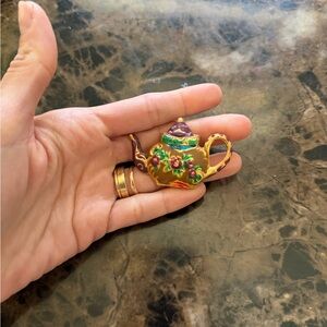 Vintage Enamel Teapot Brooch in Gold with Green & Purple Accents